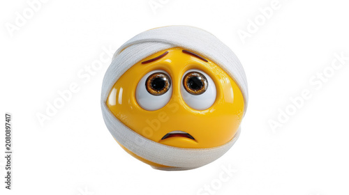 Sad yellow 3d emoji character with a white medical bandage wrapped around on transparent background