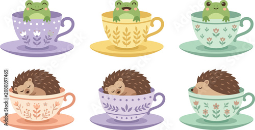 Cute cartoon frogs and hedgehogs sitting in decorated teacups for whimsical nursery decor art