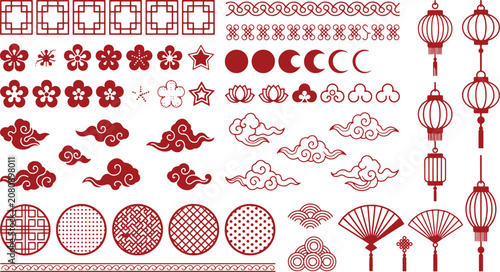Foto Chinese new year decorative elements with traditional lanterns flowers clouds and patterns isolated on background assets