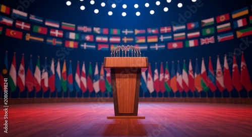 Wooden podium with microphones in front of many flags of different countries. International political summit, diplomatic assembly or global economic forum for world leaders to speak.