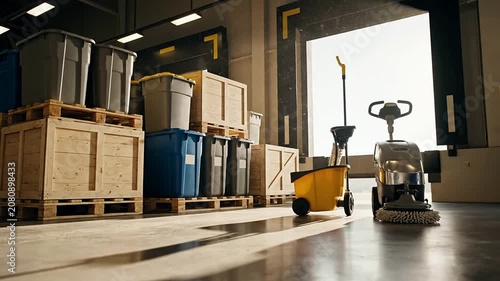 Static Shot Of A Warehouse Loading Dock Featuring Large Plastic Bins, Wooden Crates, And Cleaning Equipment Under Natural Light