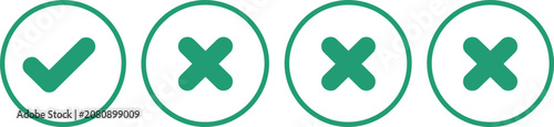 Check box tick mark icon set, correct and incorrect symbols, green approval ticks and red rejection crosses for checklists, verification, and web design.