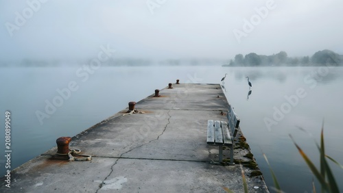 Serene lakeside scene with a concrete pier, foggy atmosphere, birds, and waterfront landscape