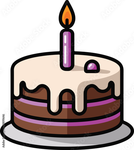 Birthday Chocolate Cake with Candle Cartoon Vector Illustration