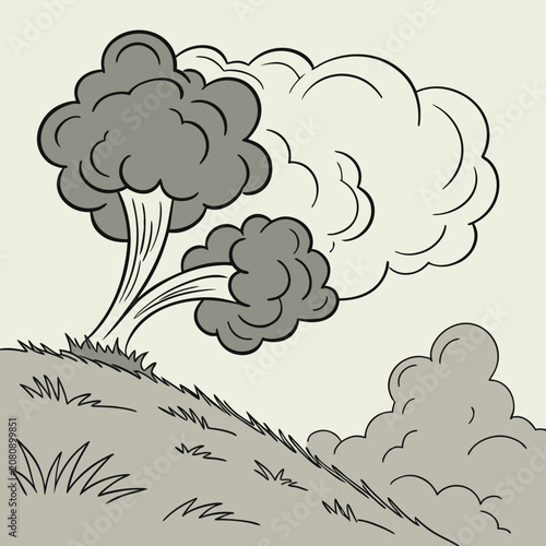 Foto Stylized illustration of trees swaying in strong wind on a hillside slope