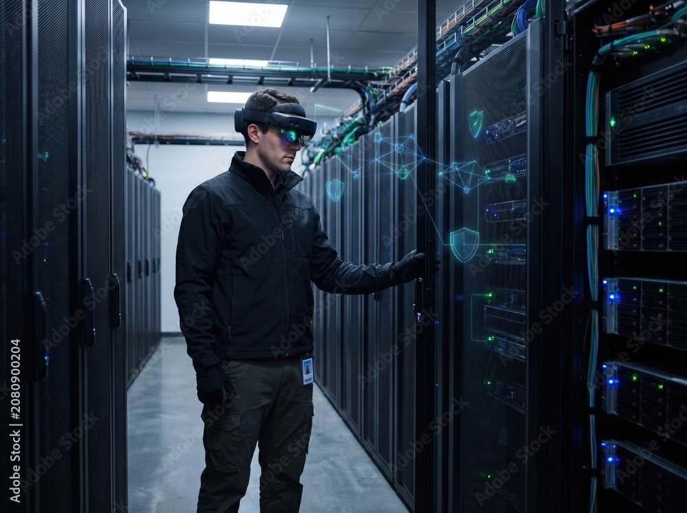 Fototapeta premium Engineer scanning server rack with augmented reality security overlays