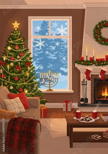 Decorated living room interior with Christmas tree and menorah near window. Festive cozy home scenery with fireplace, stocking and winter snow view. Holiday celebration atmosphere.