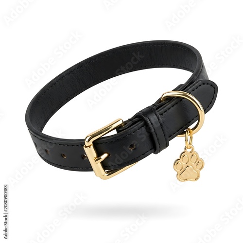 Black leather pet collar with gold buckle and paw print charm isolated on white background