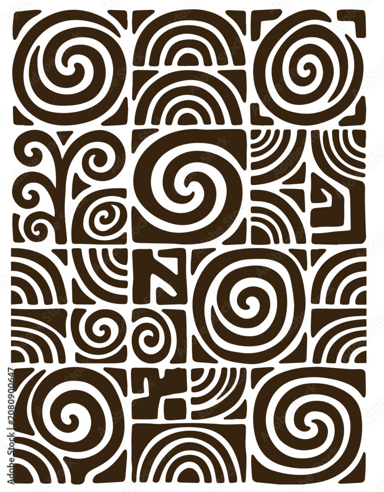 Fototapeta premium Abstract dark brown spiral mosaic pattern with geometric mosaic, brown swirls