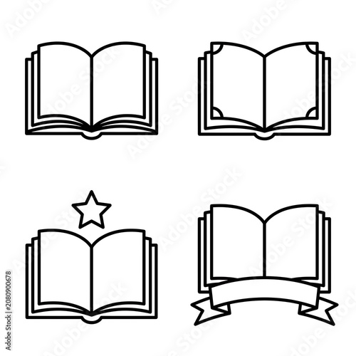 Open book outline icons set with star and ribbon banner