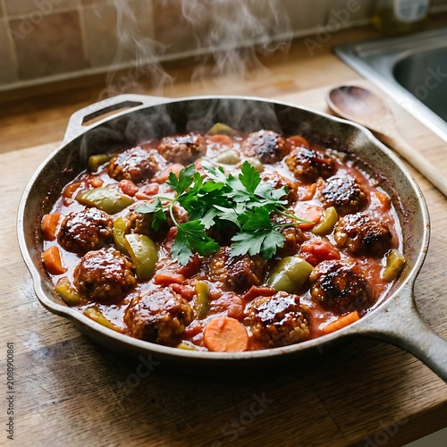 Steaming skillet of homemade meatballs with vegetables in tomato sauce