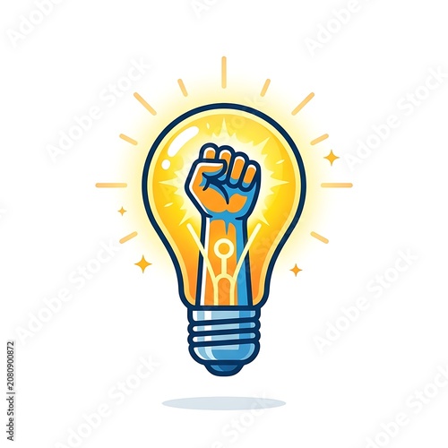 A glowing light bulb illustration featuring a raised fist inside, symbolizing power and innovation
