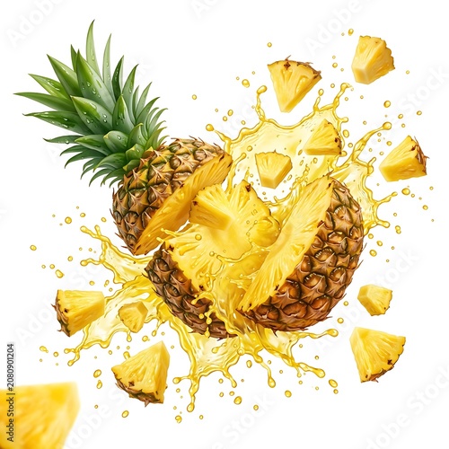 Fresh pineapple fruit with juice splash isolated on white background