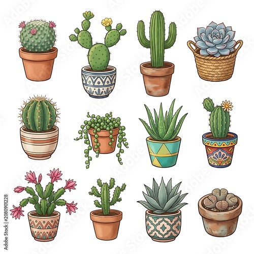Collection of various potted cacti and succulents isolated on white background