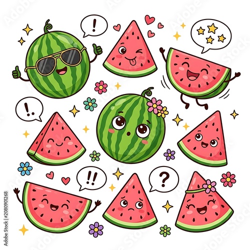 Cute cartoon watermelon characters set isolated on white background