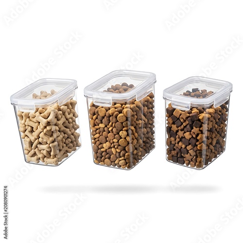 Three clear plastic food storage containers filled with various pet treats isolated on white background