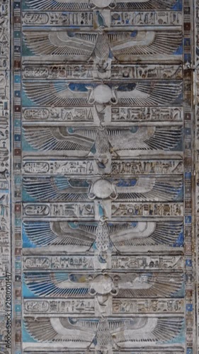 Dendera temple or Temple of Hathor. Painted columns with goddess faces and
