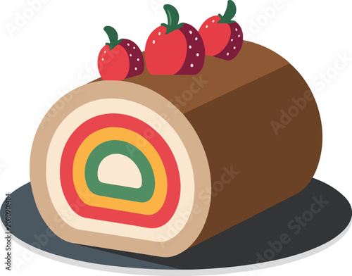 Strawberry Swiss Roll Cake Dessert Flat Vector Illustration