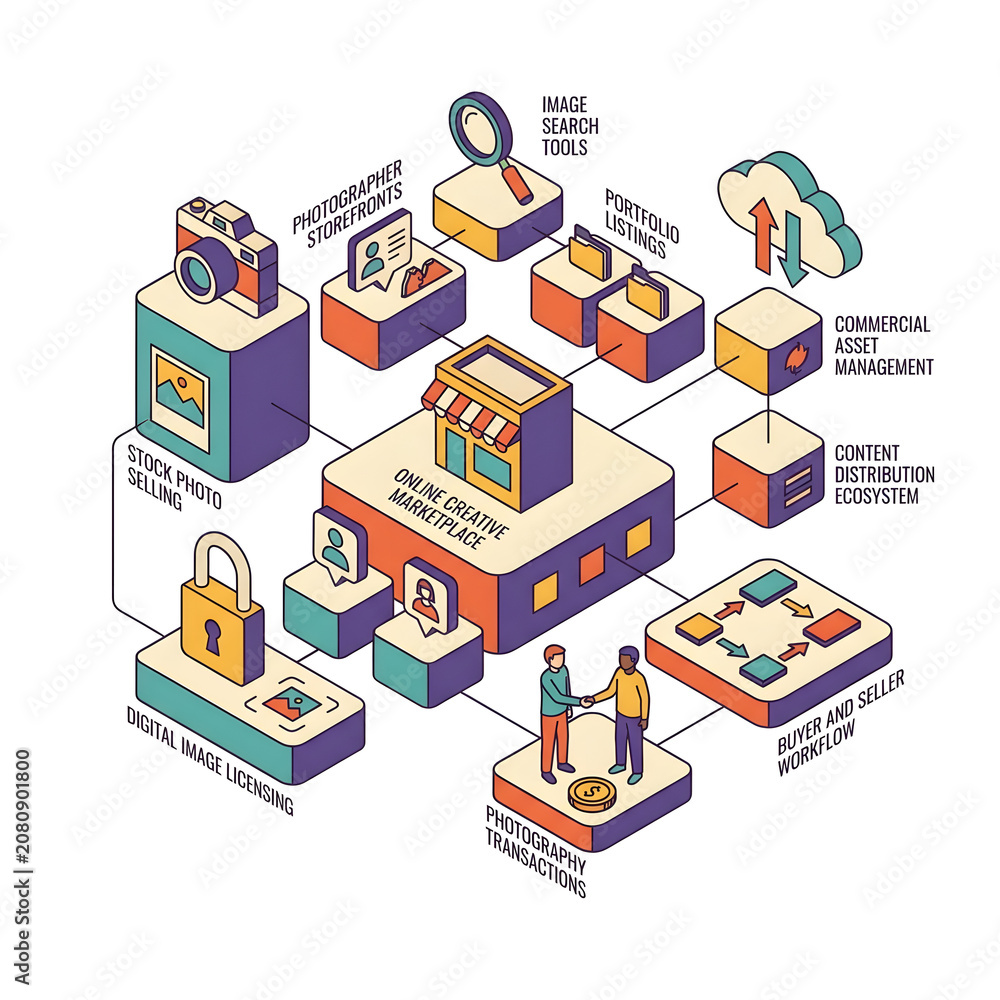 Fototapeta premium Visual representation of a digital photography marketplace ecosystem, explaining image licensing, stock photo sales, asset management, and buyer-seller transaction flows