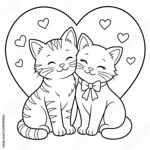 Two cute kittens in love with heart shape outline drawing