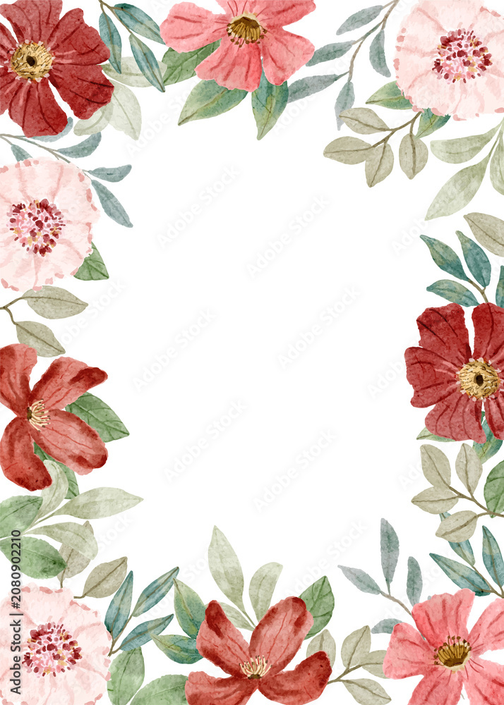 Obraz premium Watercolor floral frame with red and pink flowers