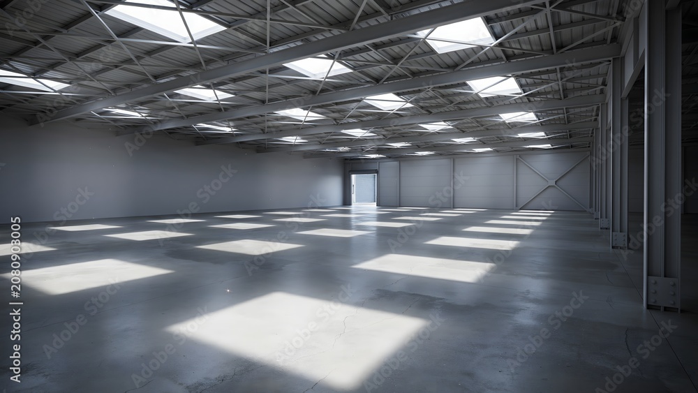 Obraz premium Spacious Empty Industrial Warehouse Interior with Natural Light and Steel Structure