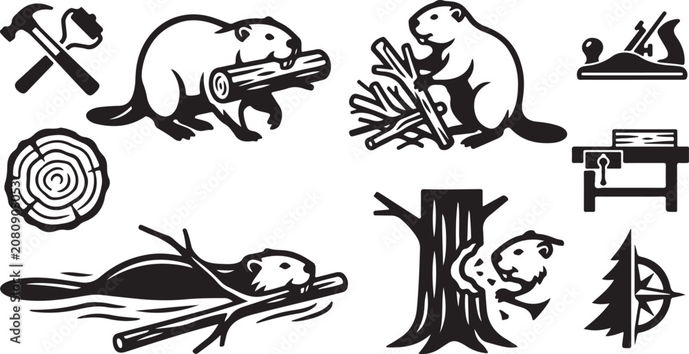 Fototapeta premium Set of black and white beaver icons with wood logs trees and carpentry tools for nature design
