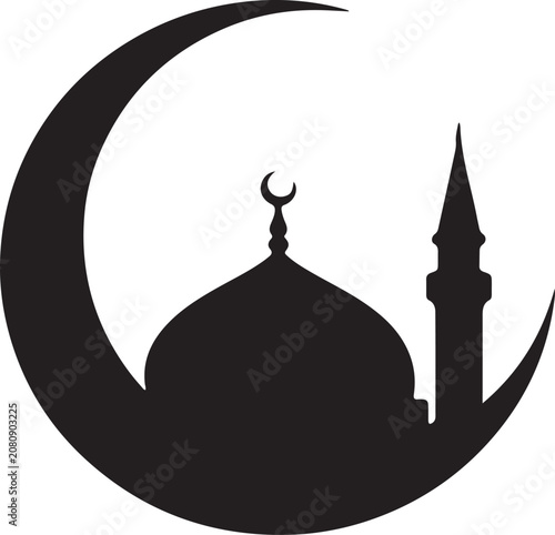 Islamic Mosque Silhouette Inside Crescent Moon
