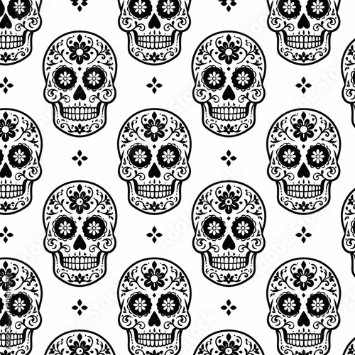Black and white sugar skull seamless pattern
