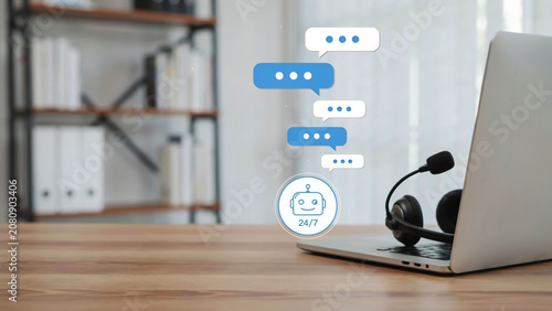 AI Chatbot and Customer Service Concept with Headset and Laptop, Symbolizing Virtual Assistant Technology and Online Support for Modern Businesses