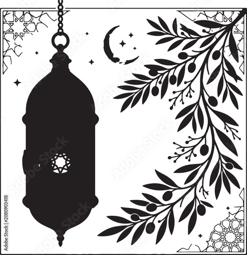Hanging Ramadan Lantern With Olive Branch Frame
