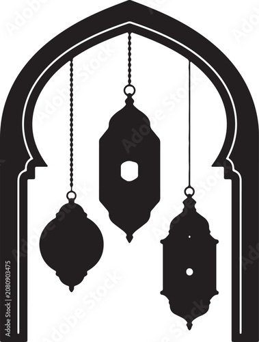 Hanging Ramadan Lanterns Silhouette Inside Oriental Arch
