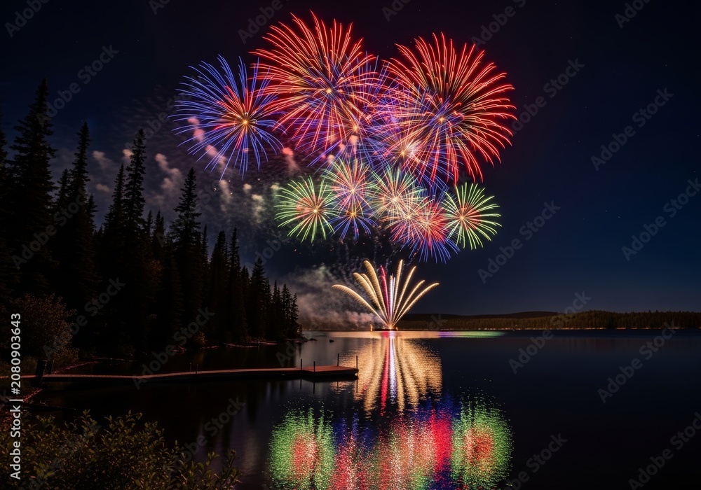 Obraz premium Bright fireworks exploding over a dark lake at night. Colorful pyrotechnic display reflection on water surface with forest silhouette. Celebration of Independence Day and New Year.