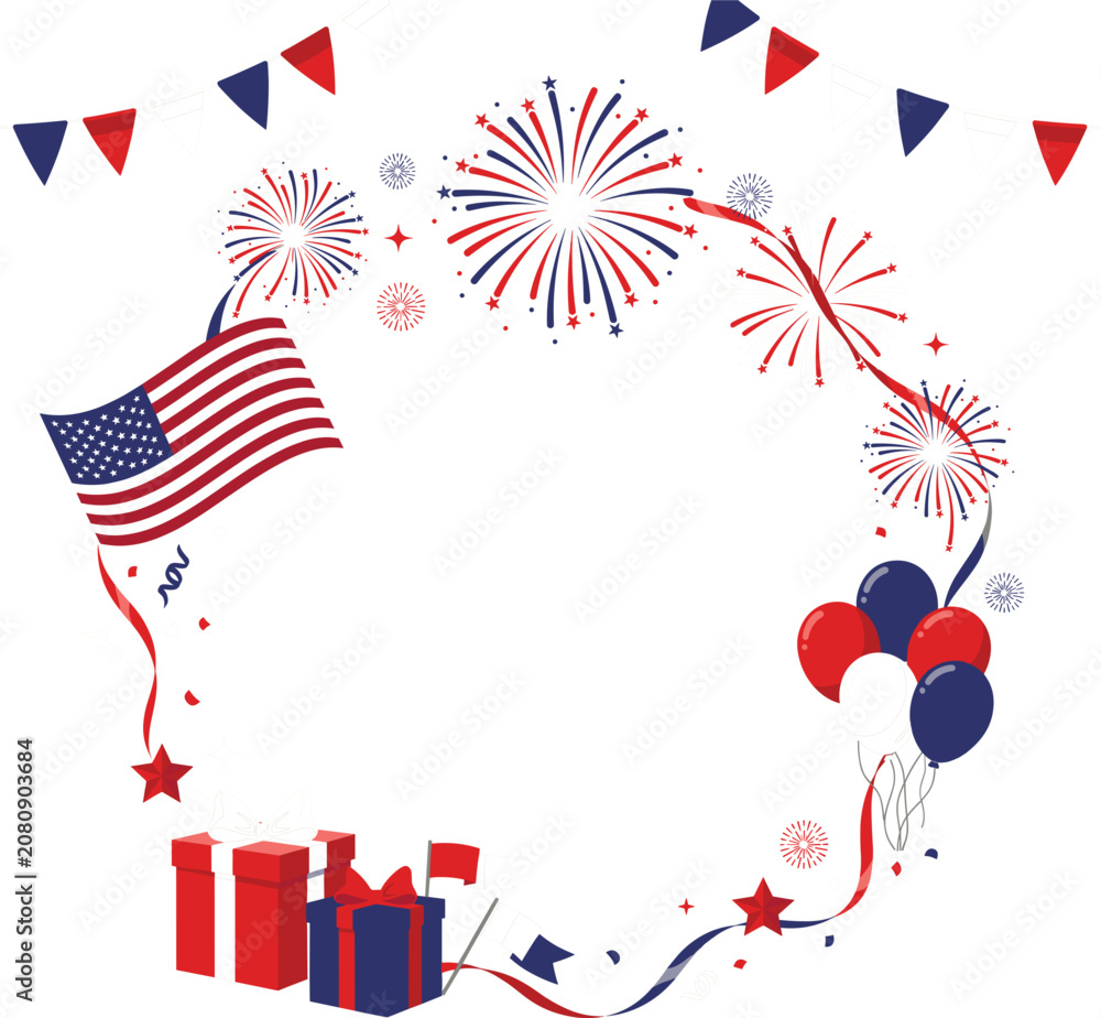 Obraz premium American Fourth of July Celebration Wreath Frame with Fireworks, Flag, Balloons, and Gifts for Independence Day Holiday Designs