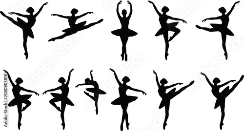 Valokuva collection of female ballet dancer silhouettes in various dance poses on white b