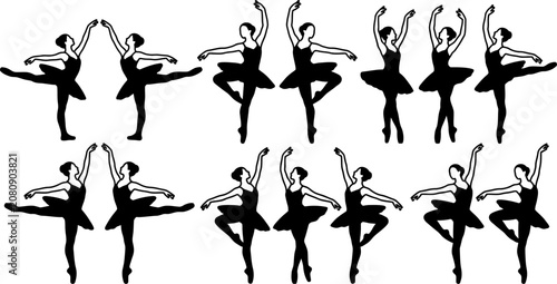 Foto set of silhouettes of female ballet dancers in various poses on white background