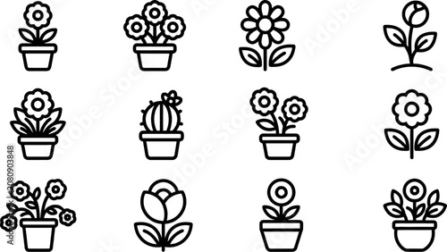set of line style flower and potted plant illustrations on white background