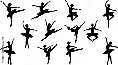 Fotografía set of black silhouette ballerinas in various dance poses on white background