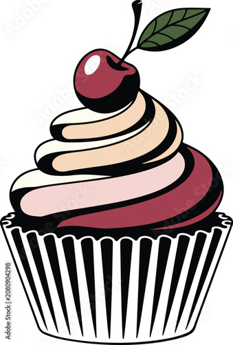 Cherry Frosted Cupcake Sweet Dessert Vector Illustration