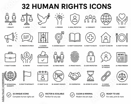 Set of human rights icons black line style