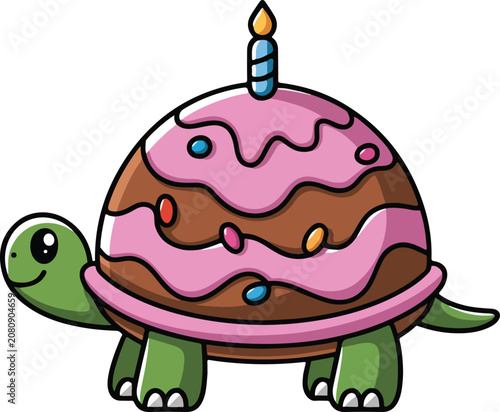 Cute Turtle Birthday Cake Cartoon Vector Illustration