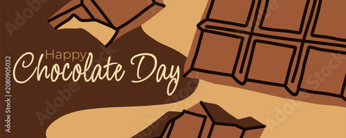 Happy Chocolate Day Landscape Banner Template with Large Hand Drawn Bitten Chocolate Bars for Sweet Shop Promotion