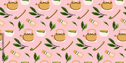 Matcha green tea ceremony hand drawn seamless pattern for textile print