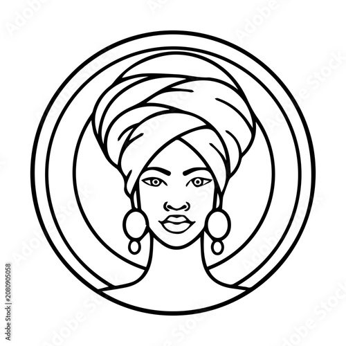 Принти на полотні Black and white line art portrait of woman wearing headscarf with portrait heads