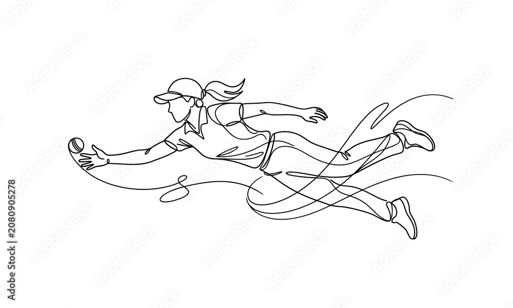 Obraz premium ICC Women's cricket World cup one line art design 2026 Athlete diving to catch a frisbee in mid-air isolated on transparent background, Vector