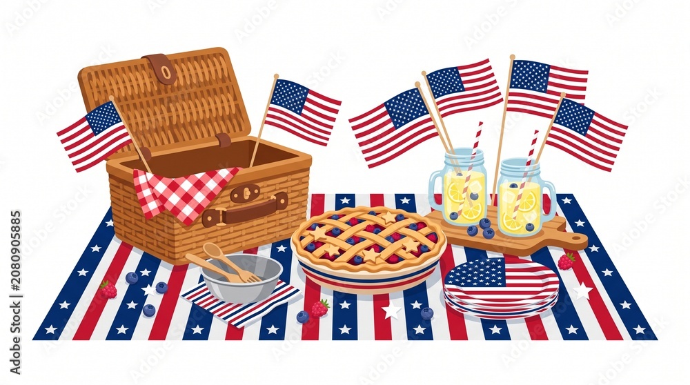 Obraz premium Wicker picnic basket with berry pie and lemonade glasses decorated with american flags for a festive fourth of july celebration