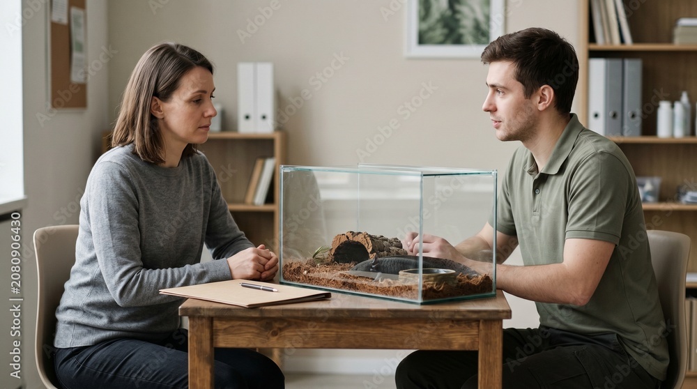 Fototapeta premium Exotic amphibian rehoming consultation in animal welfare center office