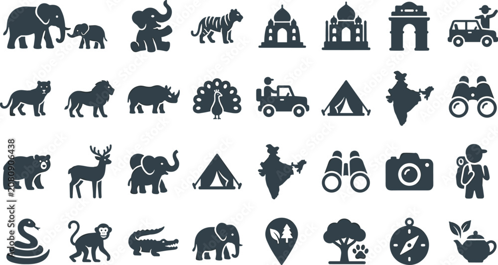 Fototapeta premium Black And White India Safari and Wildlife Tourism Icon Set Featuring Taj Mahal, Local Animals, Camping Gear, Maps, and Travel Adventure Exploration Elements