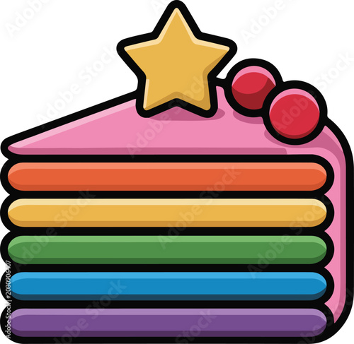 Cute Rainbow Layer Cake Slice Flat Vector Illustration
