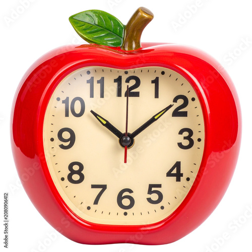 Apple shaped red desk alarm clock with distinct numbers showing precise morning time for personal organization and daily timekeeping